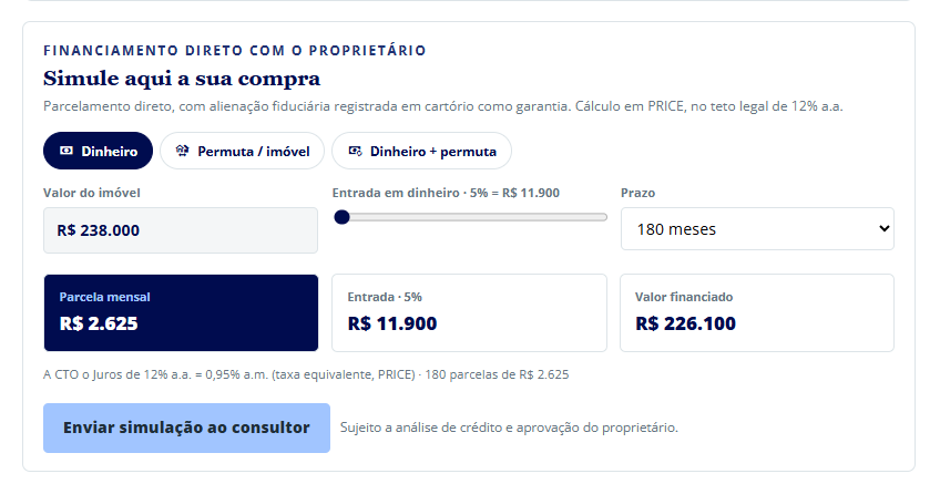 Simulador do Crédito Direto: entrada, prazo de até 180 meses, taxa e parcela fixa calculados na hora.